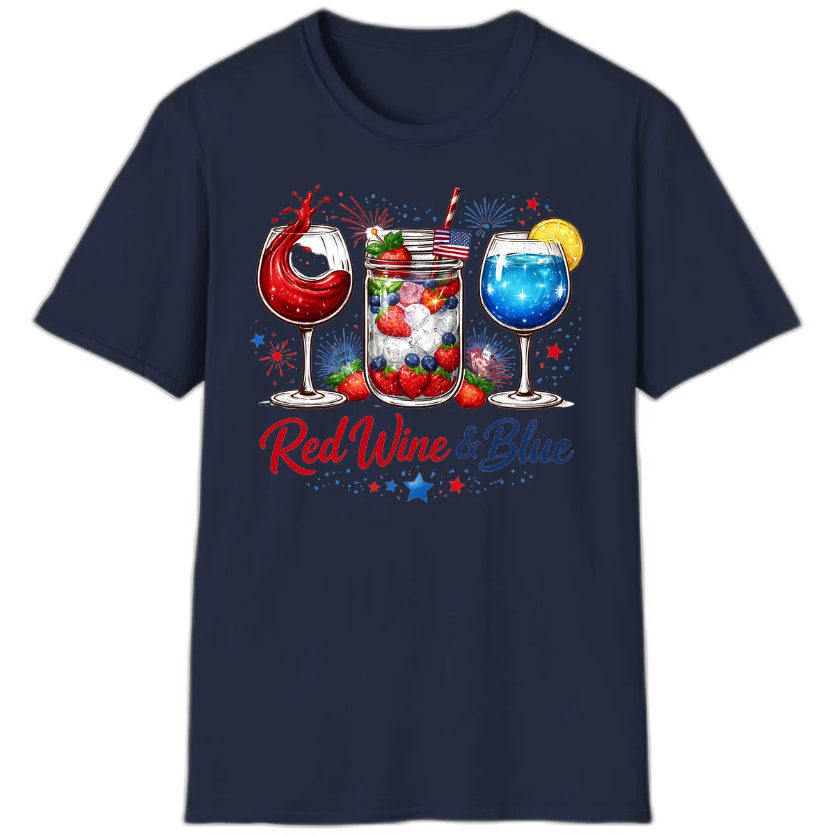 Patriotic Red Wine and Blue Celebration Drinks T-Shirt in Navy