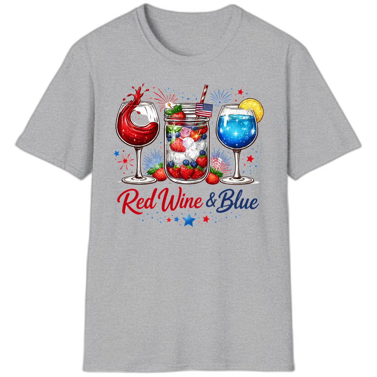 Patriotic Red Wine and Blue Celebration Drinks T-Shirt in Sport Grey