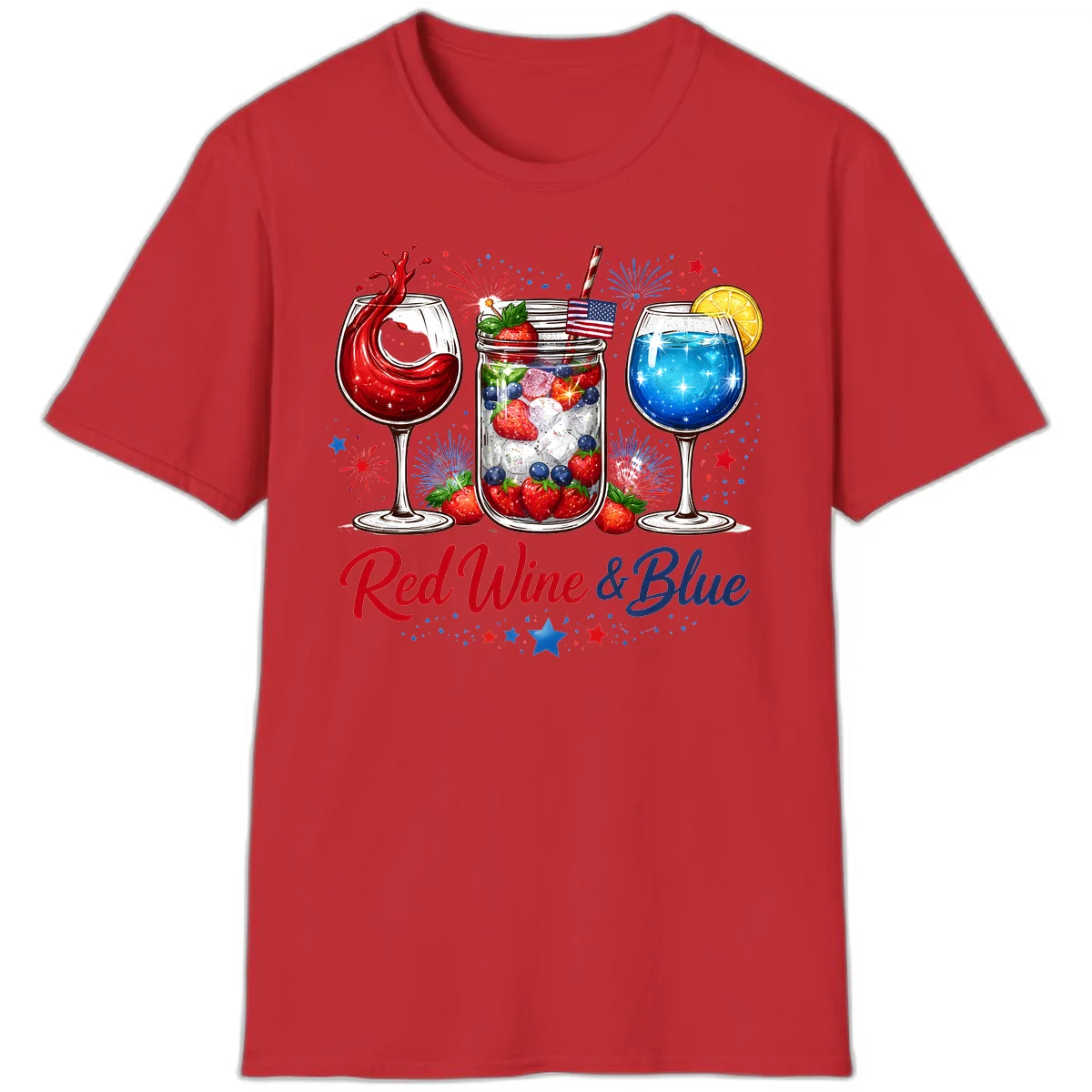Patriotic Red Wine and Blue Celebration Drinks T-Shirt in Red