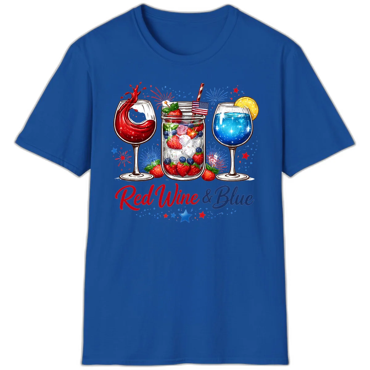 Patriotic Red Wine and Blue Celebration Drinks T-Shirt in Royal