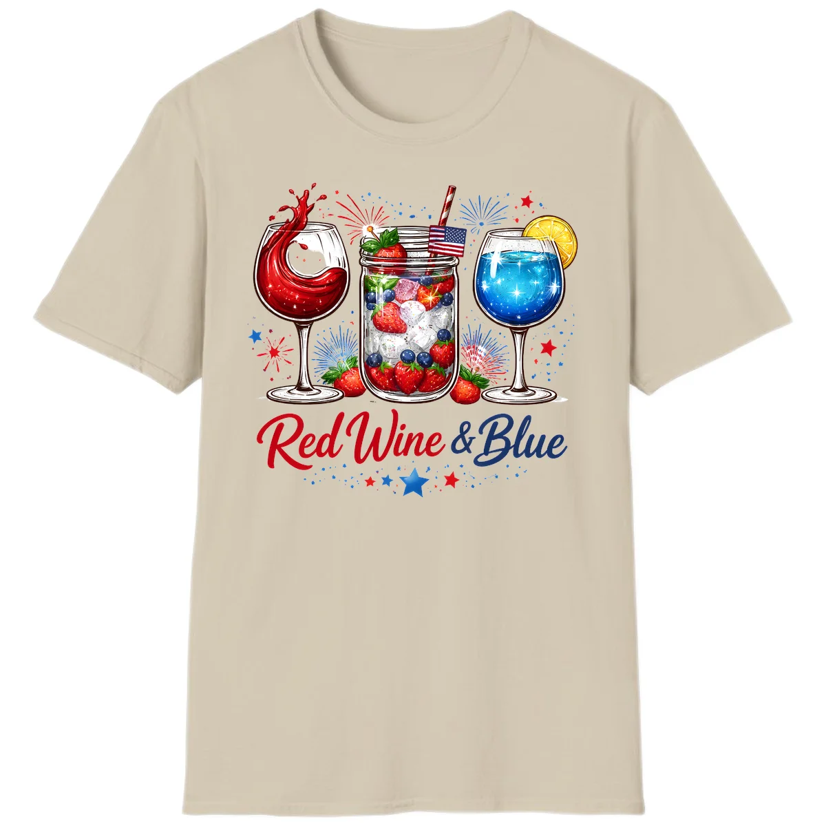 Patriotic Red Wine and Blue Celebration Drinks T-Shirt in Sand