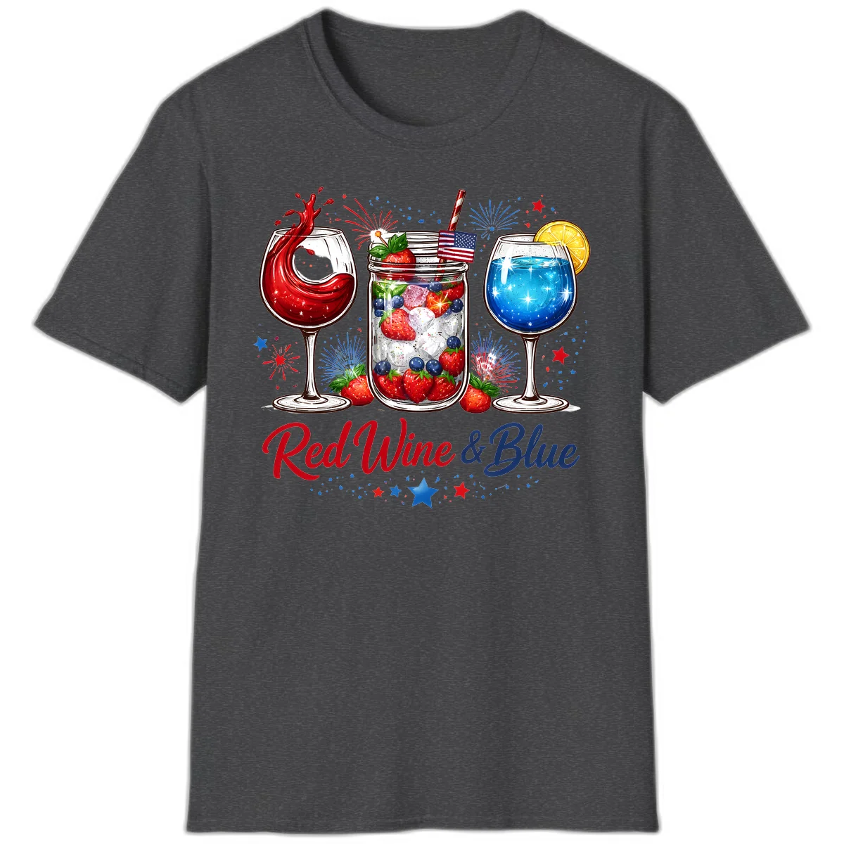 Patriotic Red Wine and Blue Celebration Drinks T-Shirt in Dark Heather