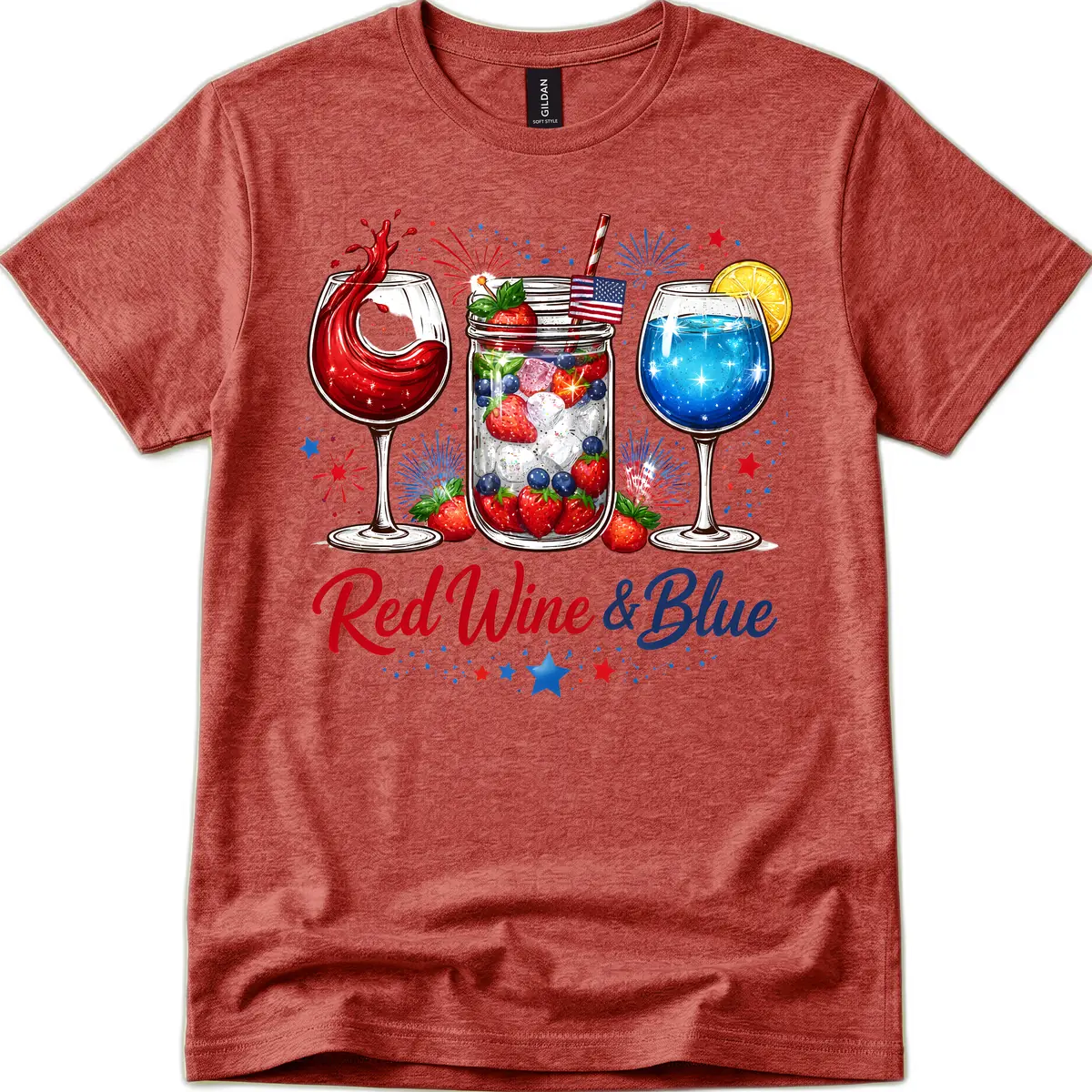Patriotic Red Wine and Blue Celebration Drinks T-Shirt in Heather Cardinal
