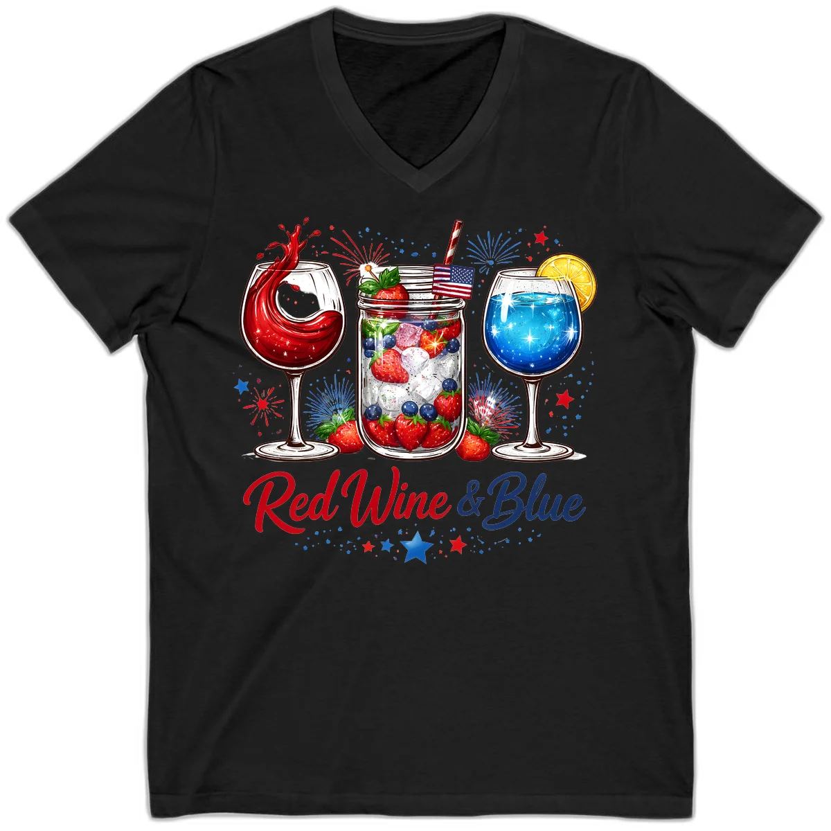 Patriotic Red Wine and Blue Celebration Drinks V-Neck in Black