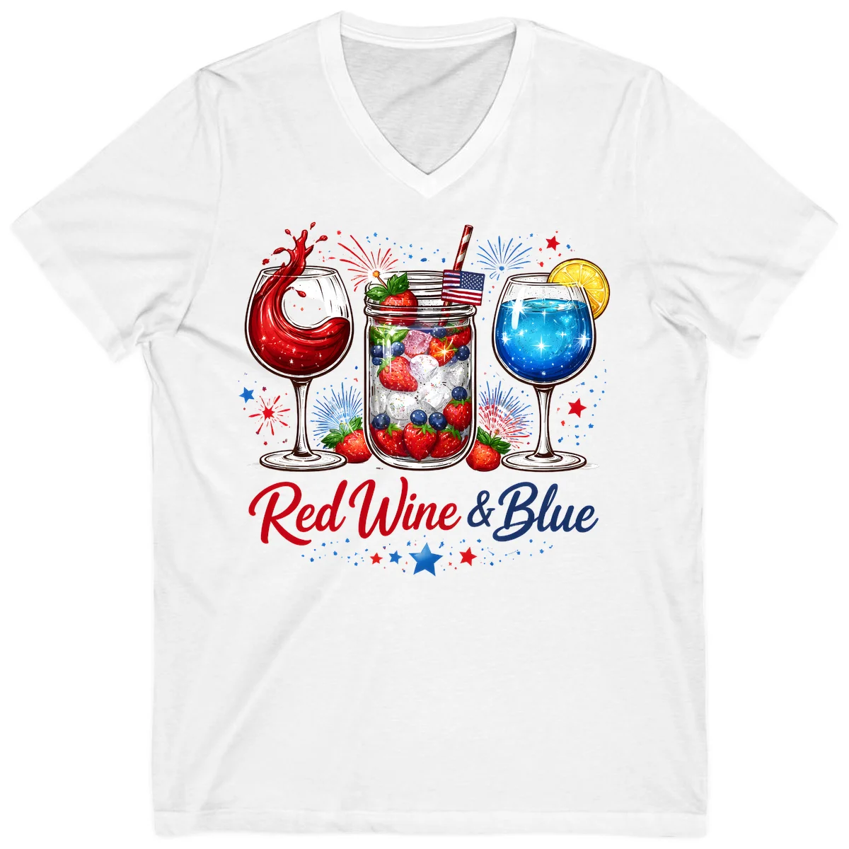 Patriotic Red Wine and Blue Celebration Drinks V-Neck in White