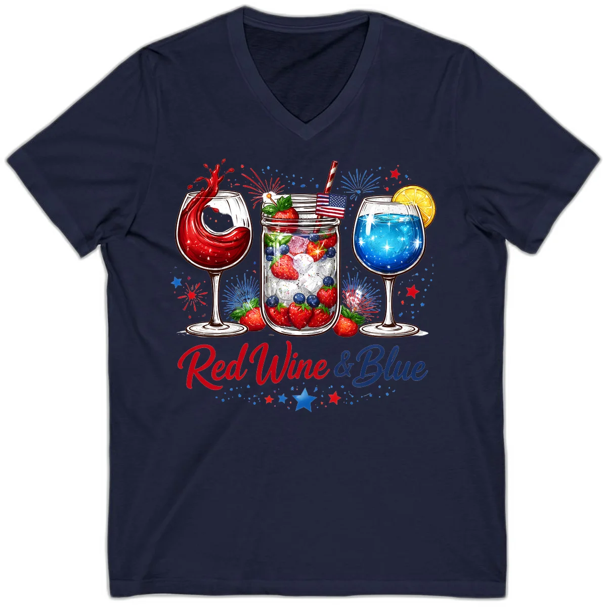 Patriotic Red Wine and Blue Celebration Drinks V-Neck in Navy