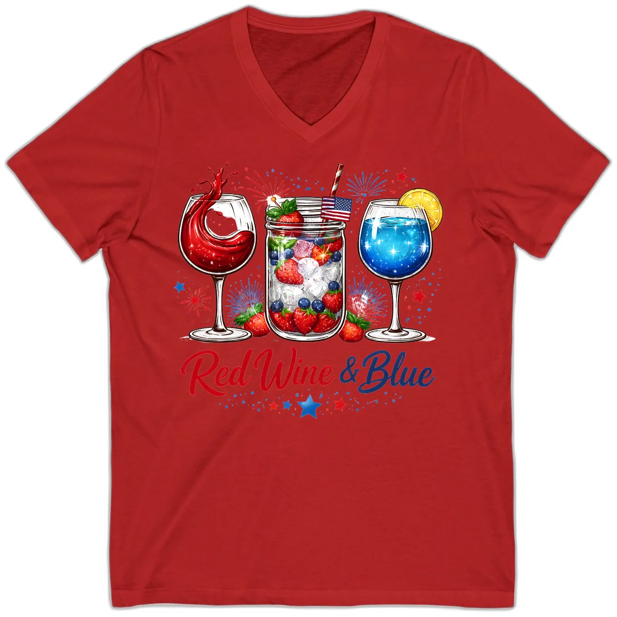 Patriotic Red Wine and Blue Celebration Drinks V-Neck in Red