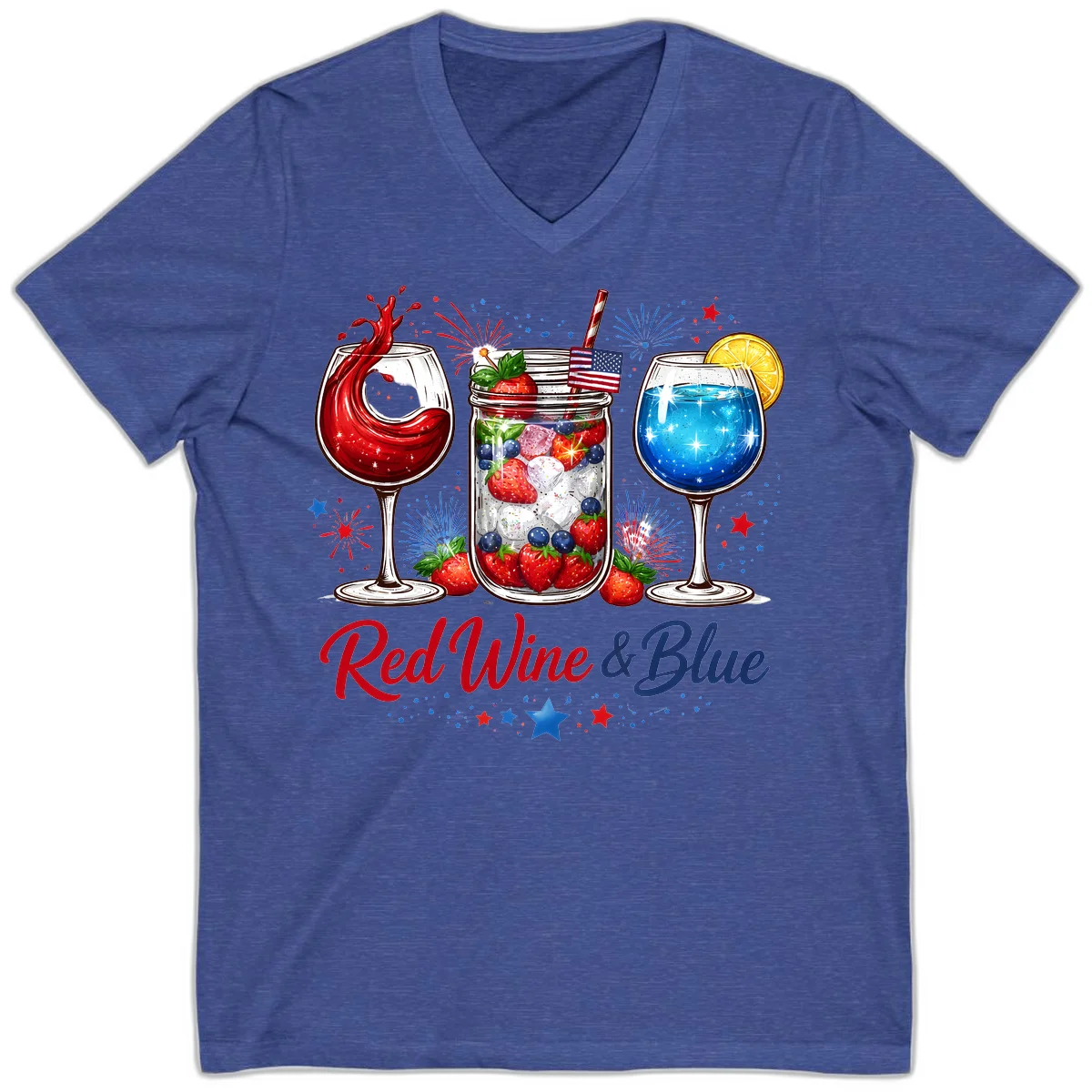 Patriotic Red Wine and Blue Celebration Drinks V-Neck in Heather True Royal