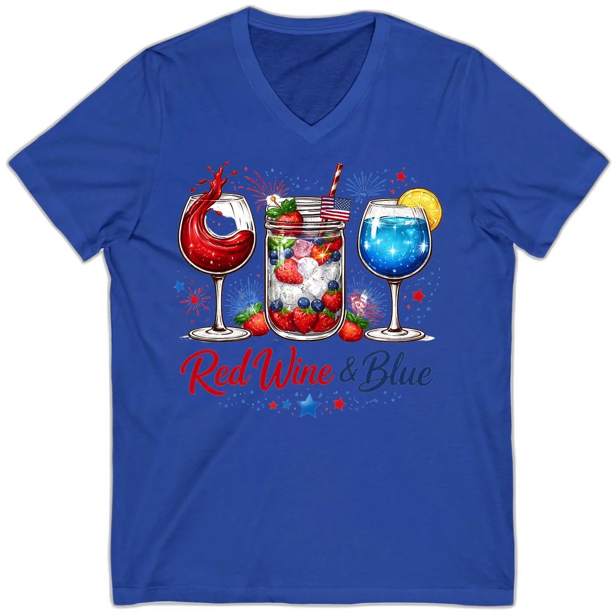 Patriotic Red Wine and Blue Celebration Drinks V-Neck in True Royal