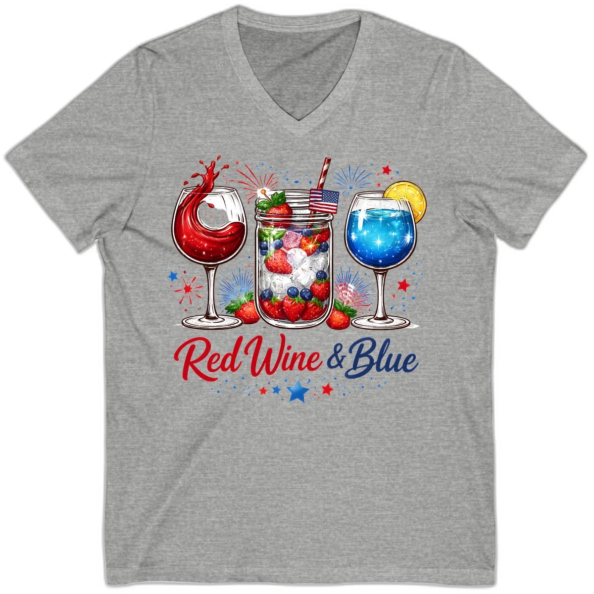 Patriotic Red Wine and Blue Celebration Drinks V-Neck in Athletic Heather