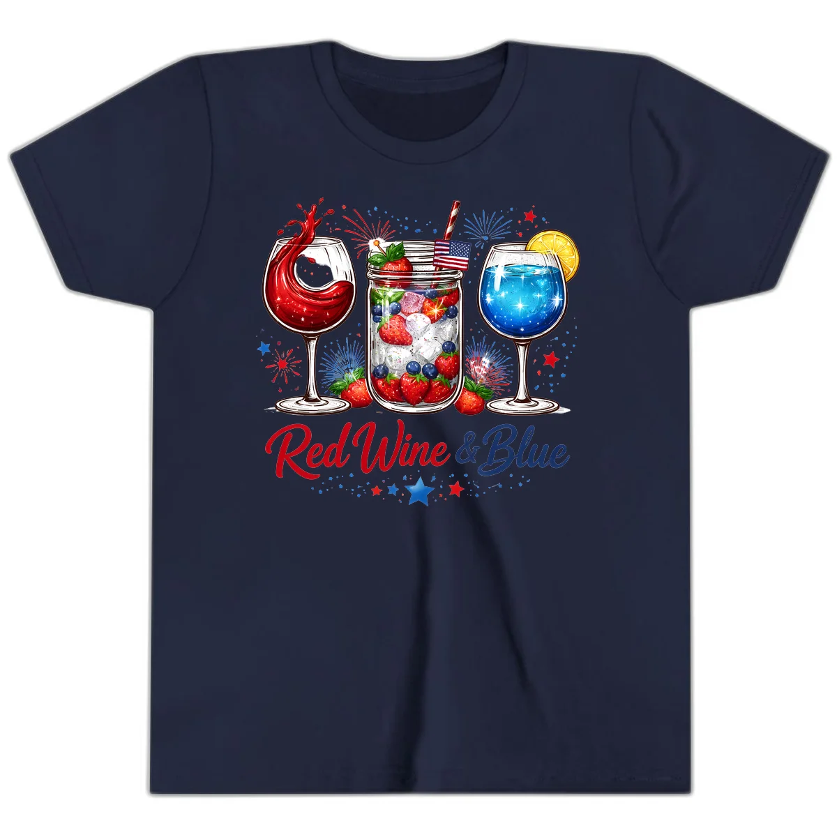 Patriotic Red Wine and Blue Celebration Drinks Youth T-Shirt in Navy