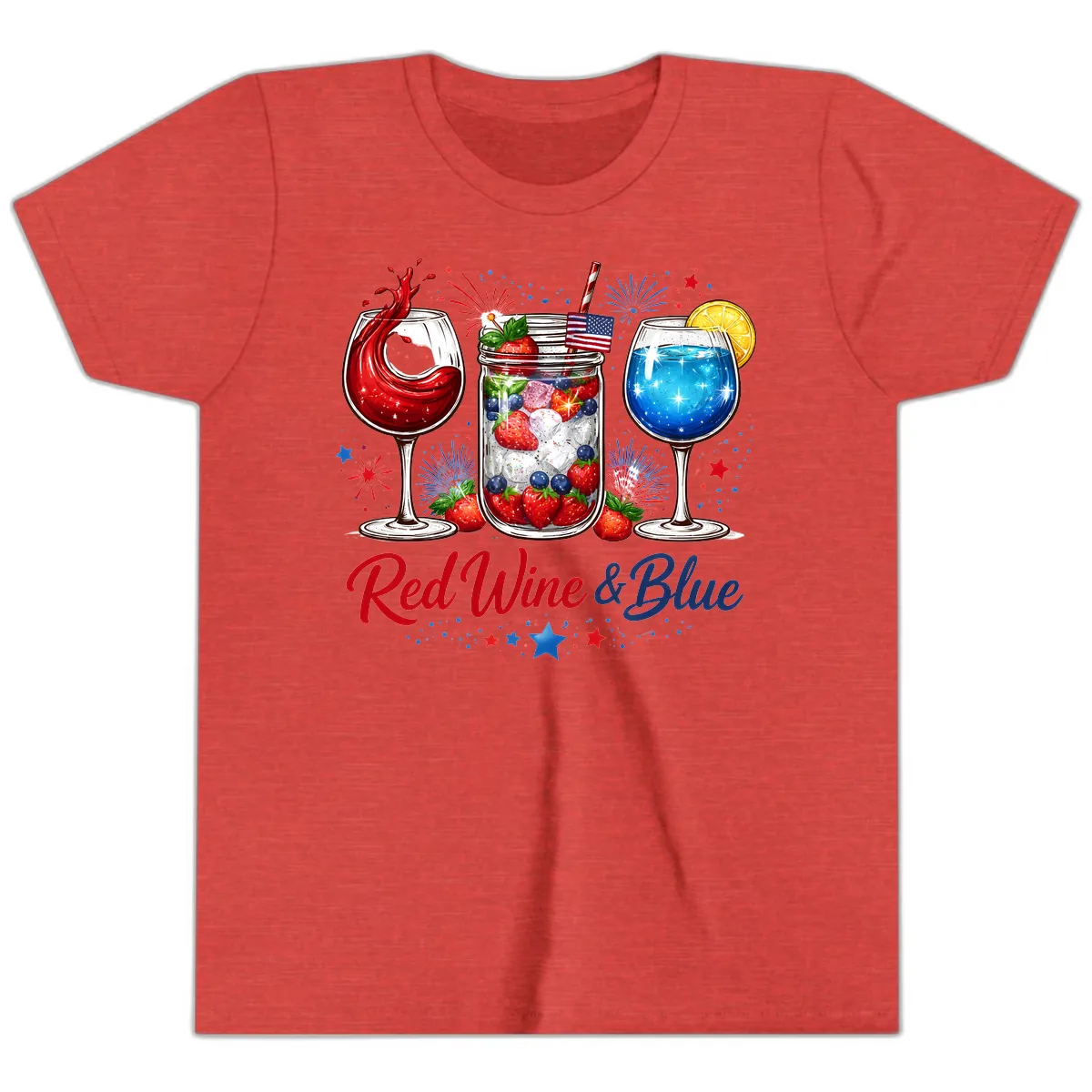 Patriotic Red Wine and Blue Celebration Drinks Youth T-Shirt in Heather Red