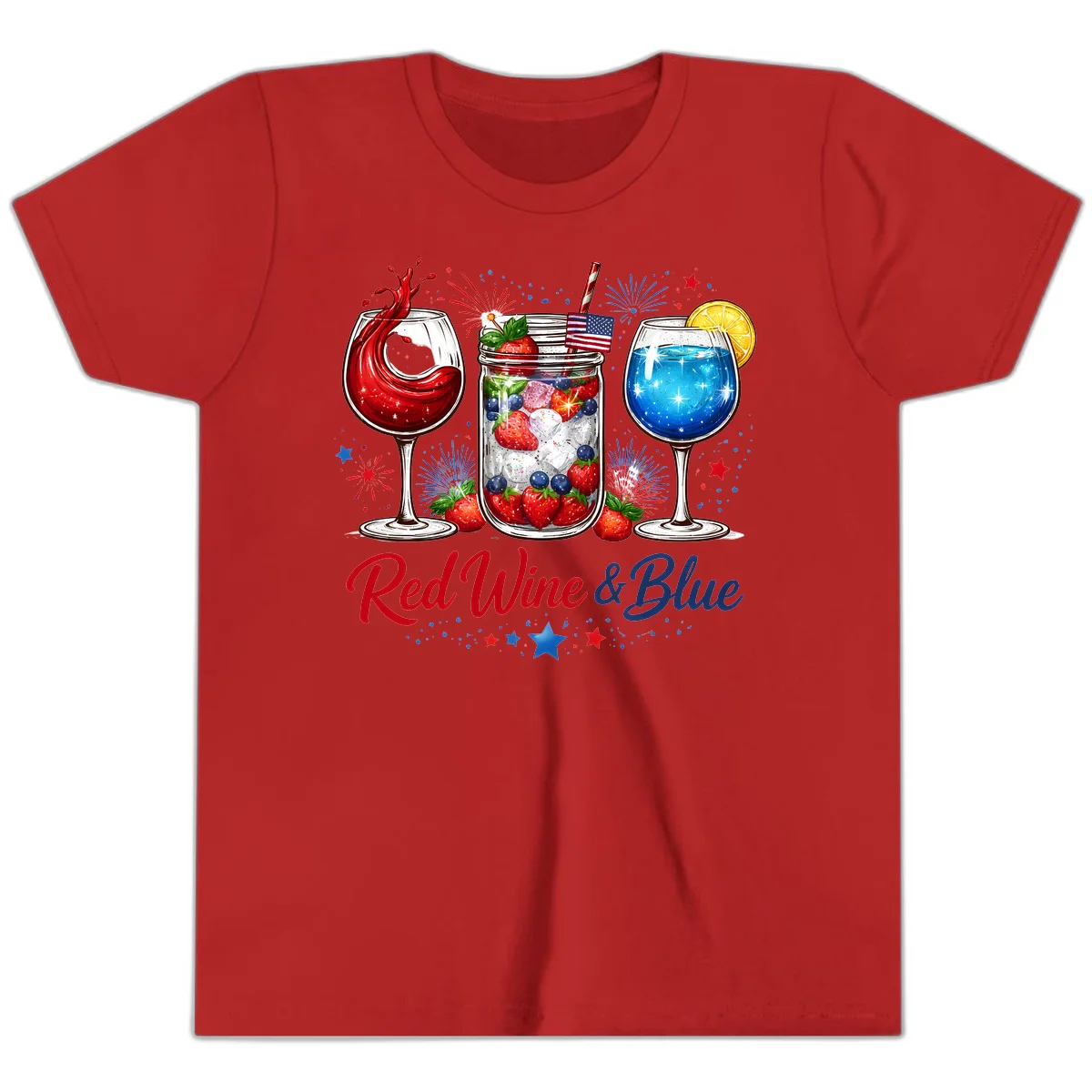 Patriotic Red Wine and Blue Celebration Drinks Youth T-Shirt in Red