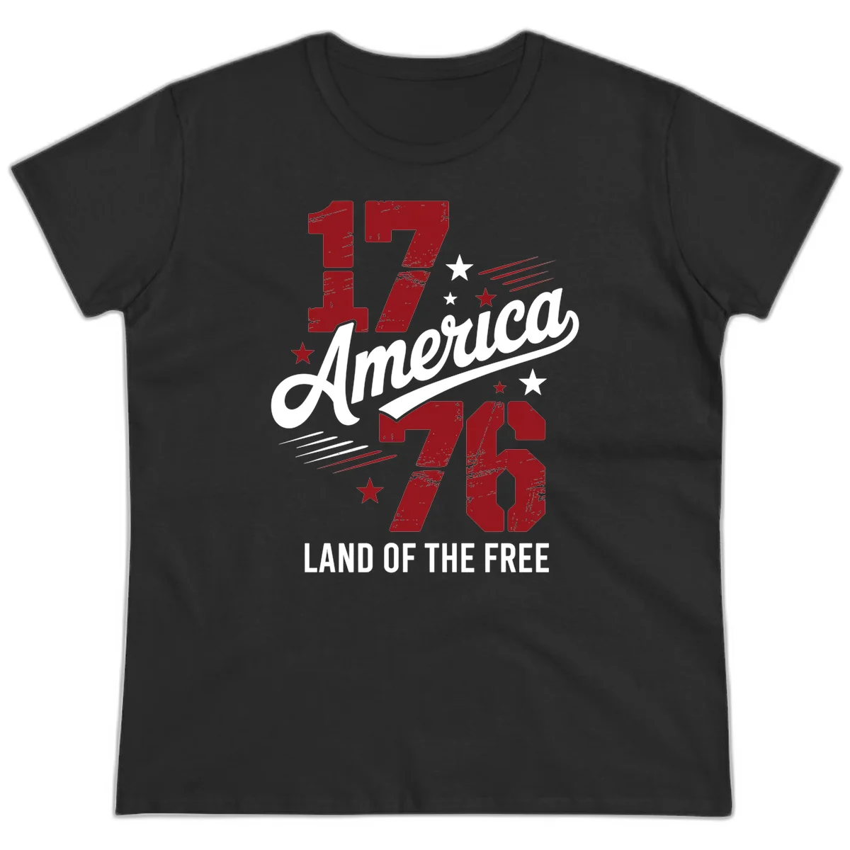 Distressed 1776 Stars and Streaks Ladies Tee in Black