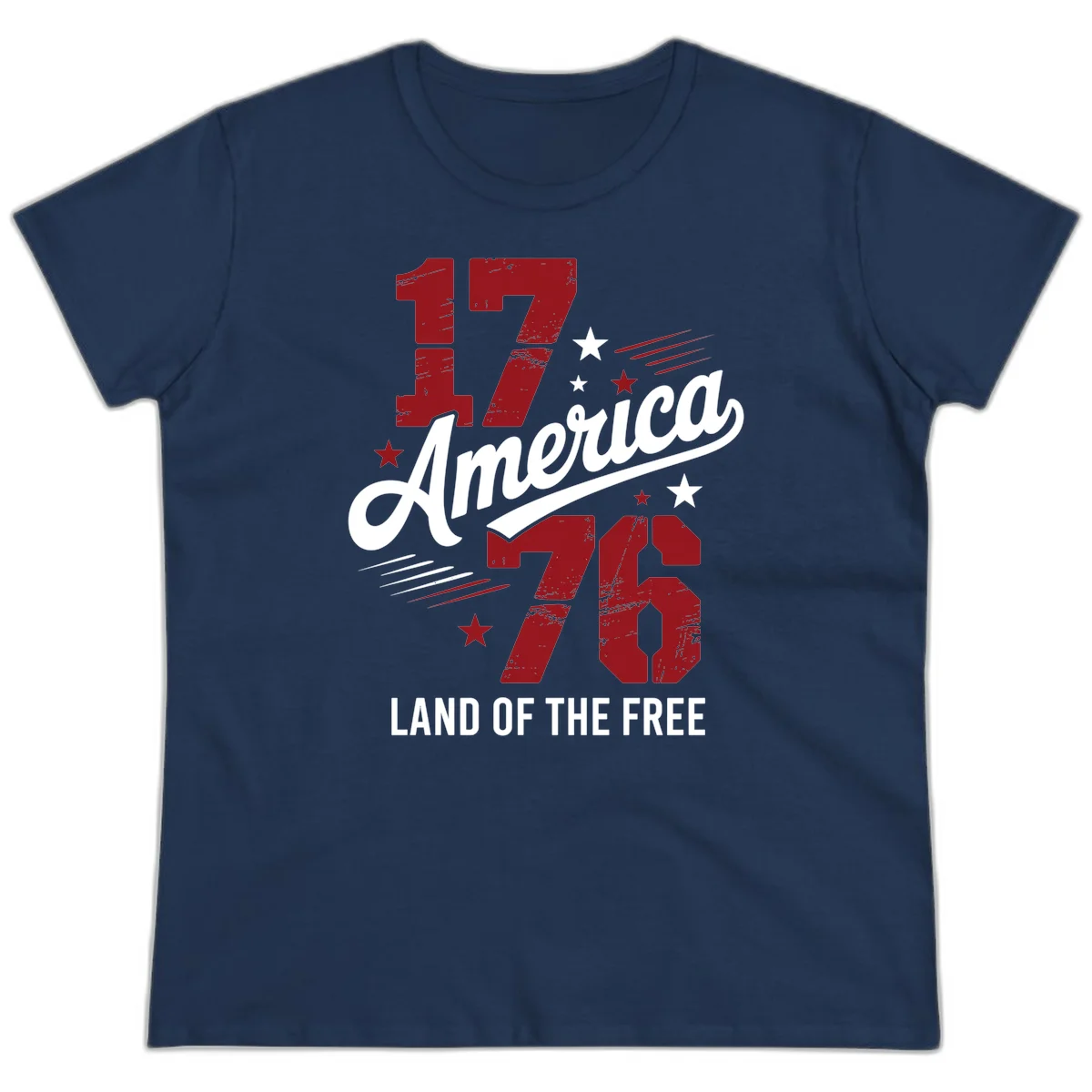 Distressed 1776 Stars and Streaks Ladies Tee in Navy