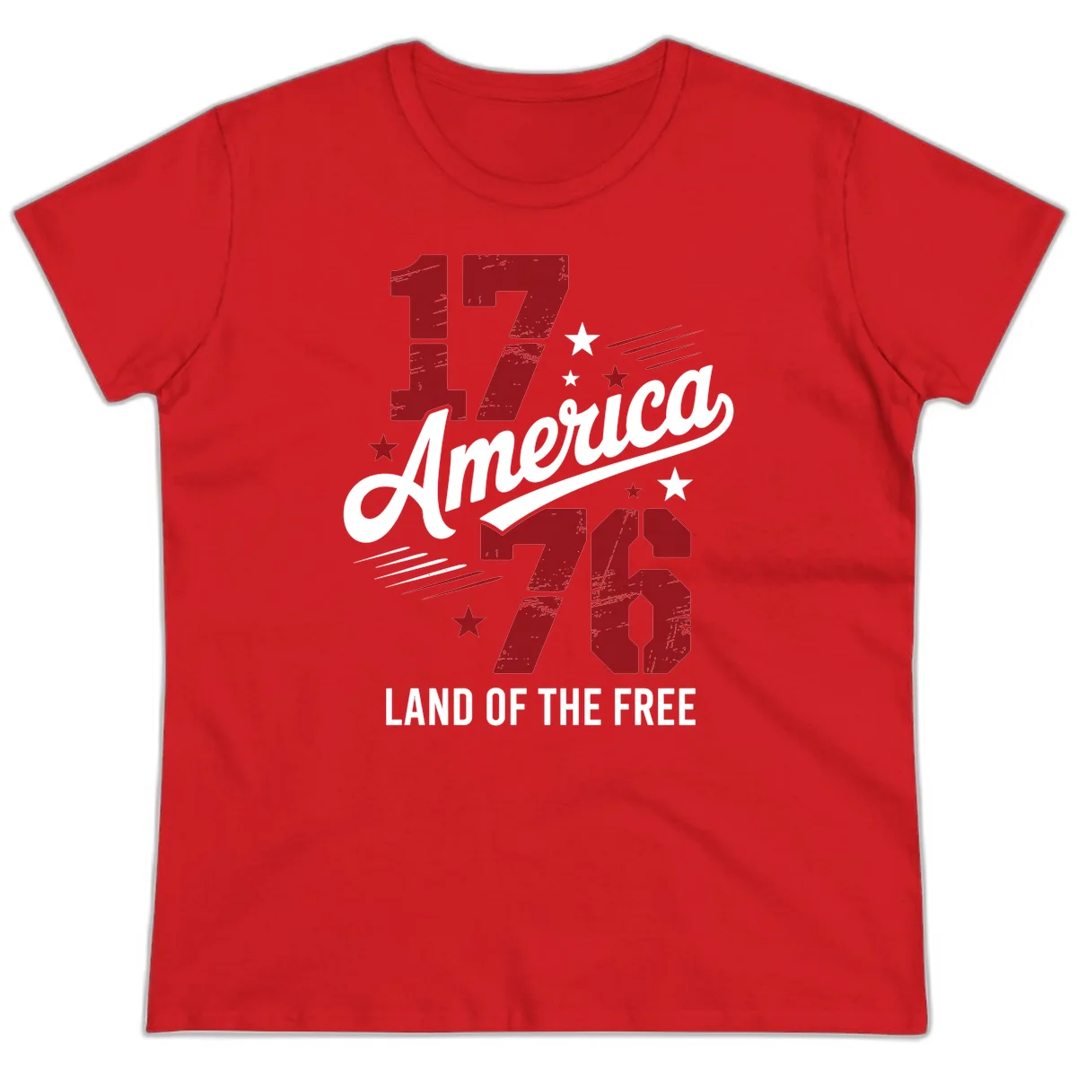 Distressed 1776 Stars and Streaks Ladies Tee in Red