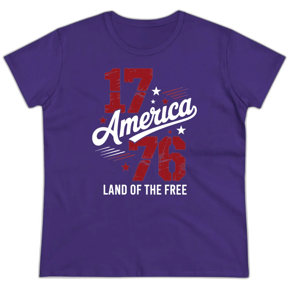 Distressed 1776 Stars and Streaks Ladies Tee in Purple