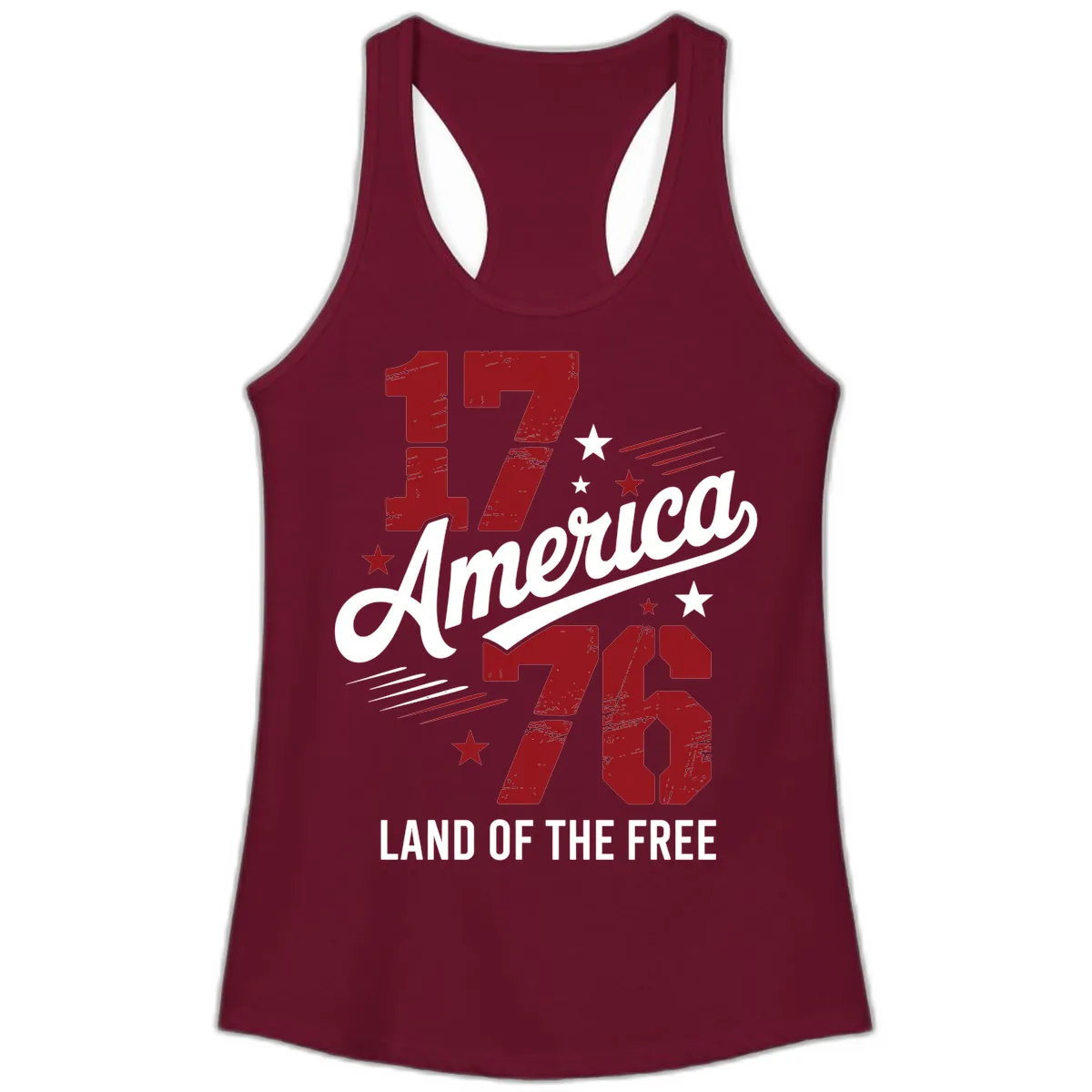 Distressed 1776 Stars and Streaks Patriotic Design Ladies Tank in Solid Cardinal Red