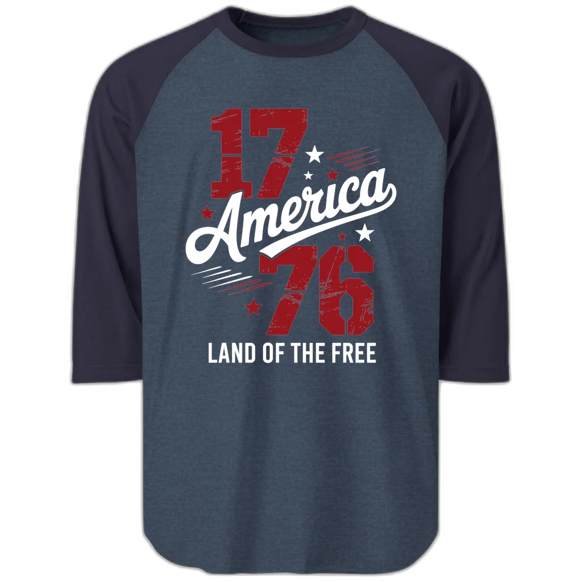 Distressed 1776 Stars and Streaks Raglan 3/4 in Heather Denim Navy