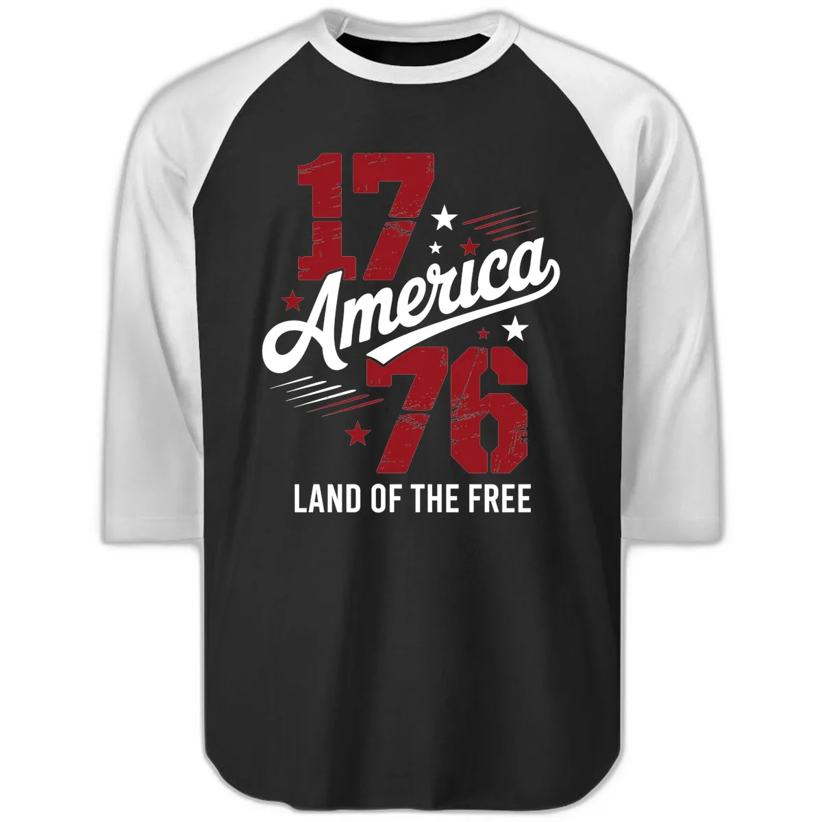 Distressed 1776 Stars and Streaks Patriotic Design Raglan 3/4 in Black White