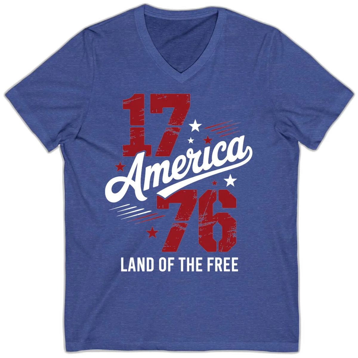 Distressed 1776 Stars and Streaks V-Neck in Heather True Royal