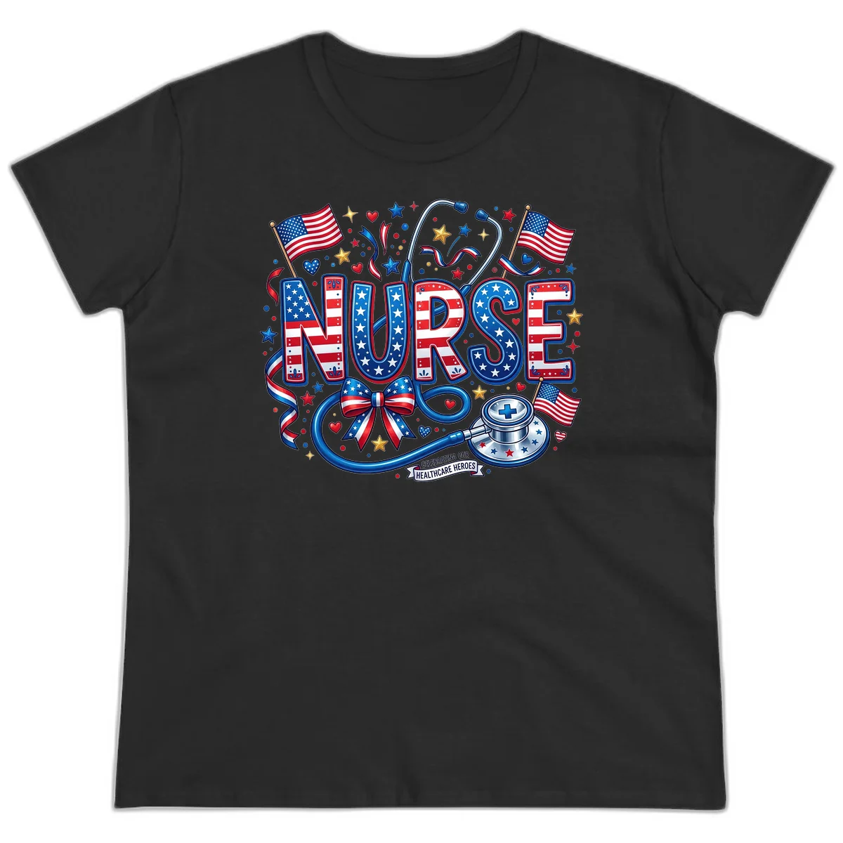 Patriotic Nurse Heroes Ladies Tee in Black