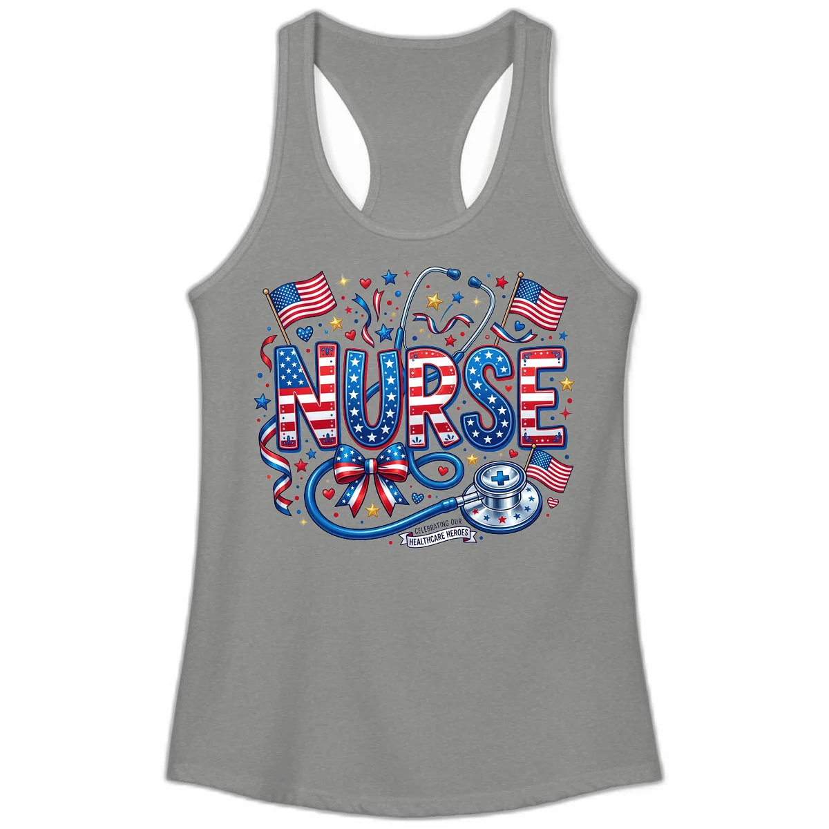 Patriotic Nurse Heroes Ladies Tank in Heather Grey