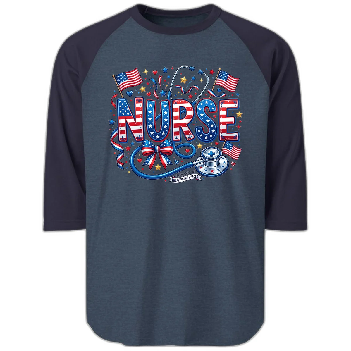Patriotic Nurse Heroes Raglan 3/4 in Heather Denim Navy