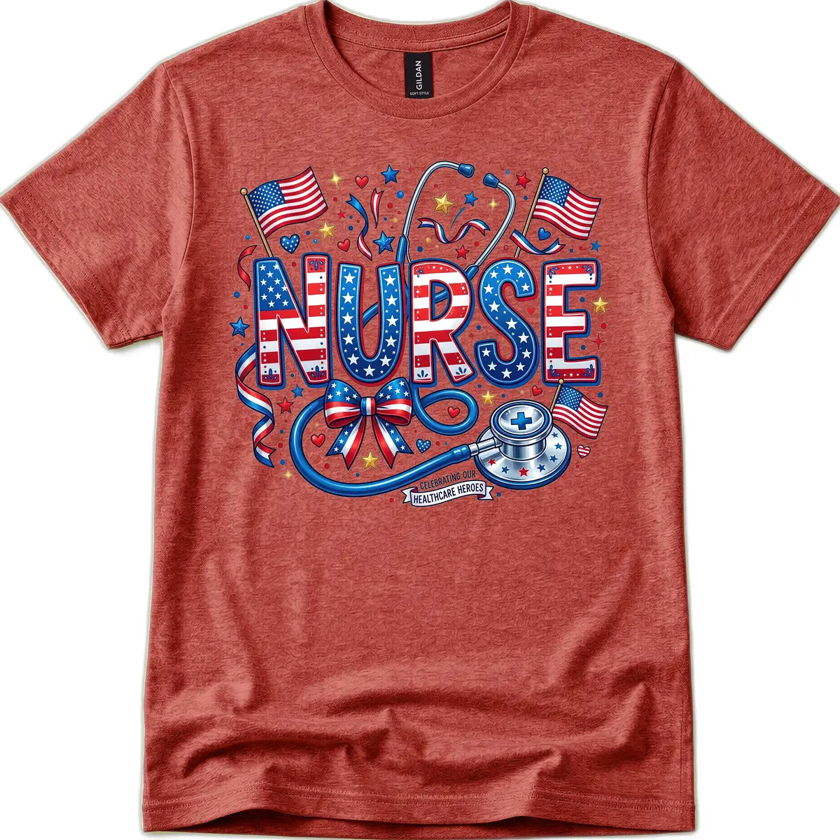 Patriotic Nurse Celebrating Healthcare Heroes T-Shirt in Heather Cardinal