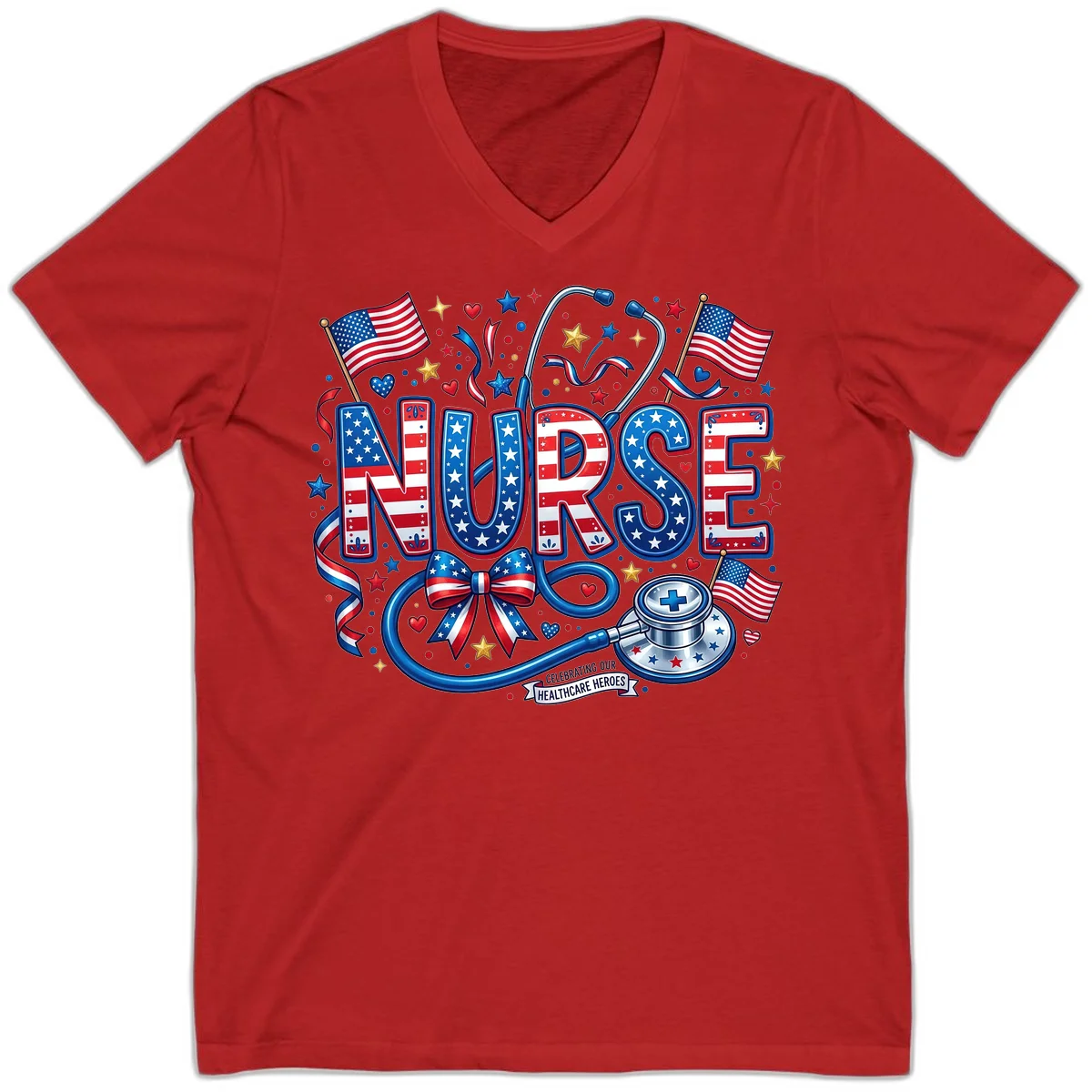 Patriotic Nurse Heroes V-Neck in Red