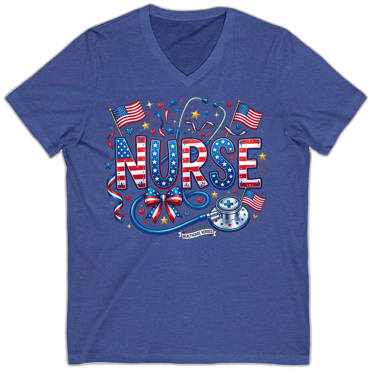 Patriotic Nurse Heroes V-Neck in Heather True Royal
