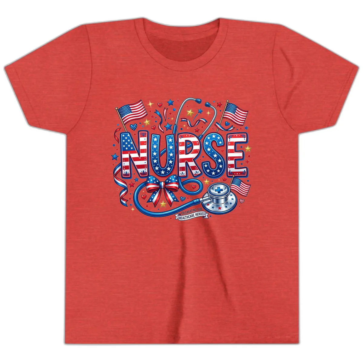Patriotic Nurse Celebrating Healthcare Heroes Youth T-Shirt in Heather Red