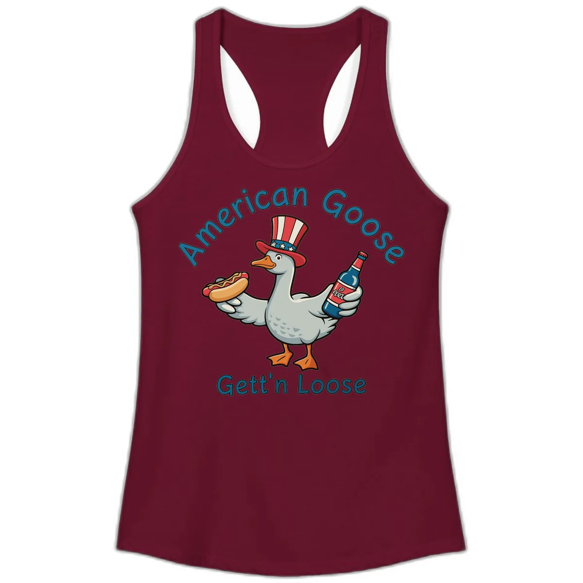 American Goose Gettin' Loose Patriotic Celebration Ladies Tank in Solid Cardinal Red