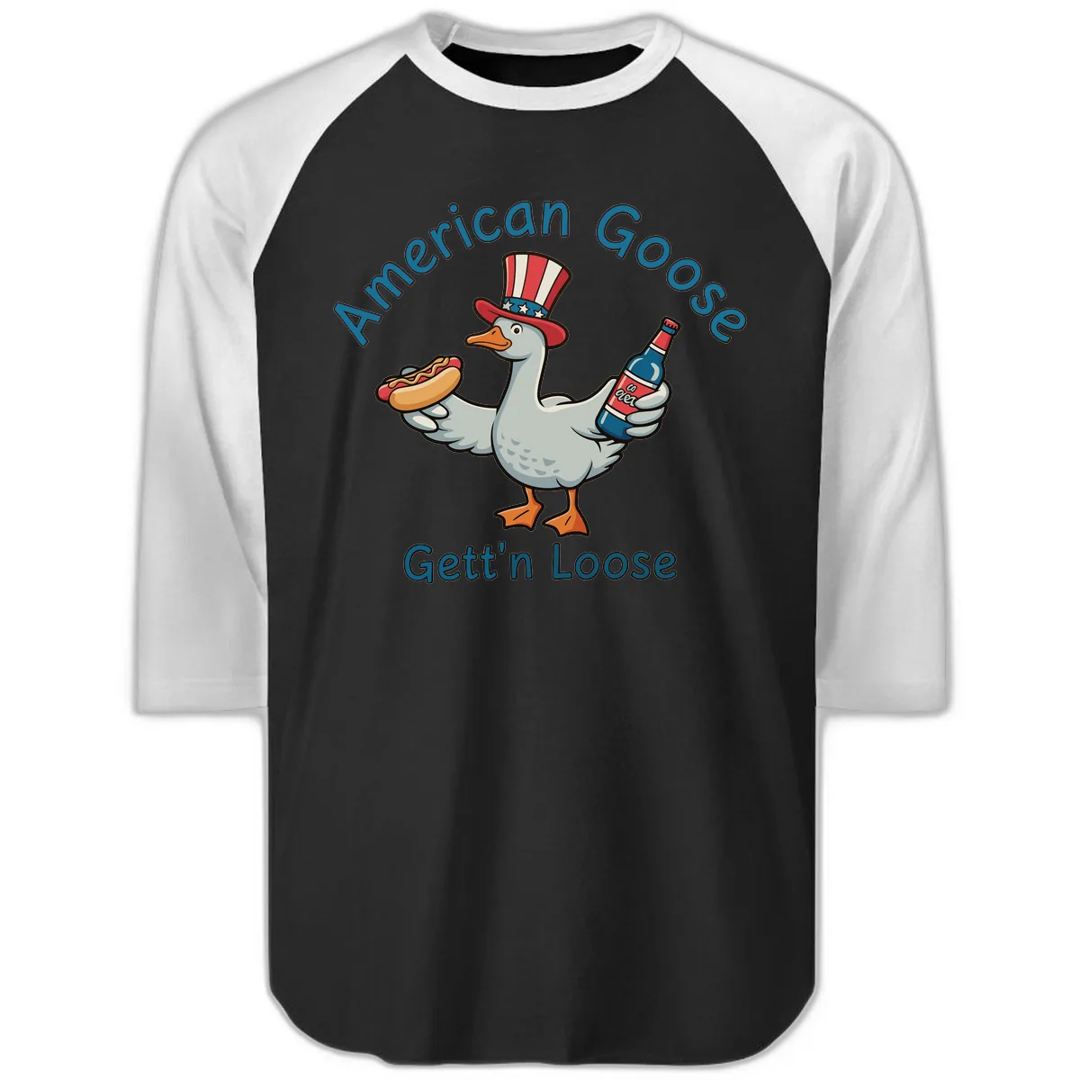 American Goose Gettin' Loose Patriotic Celebration Raglan 3/4 in Black White