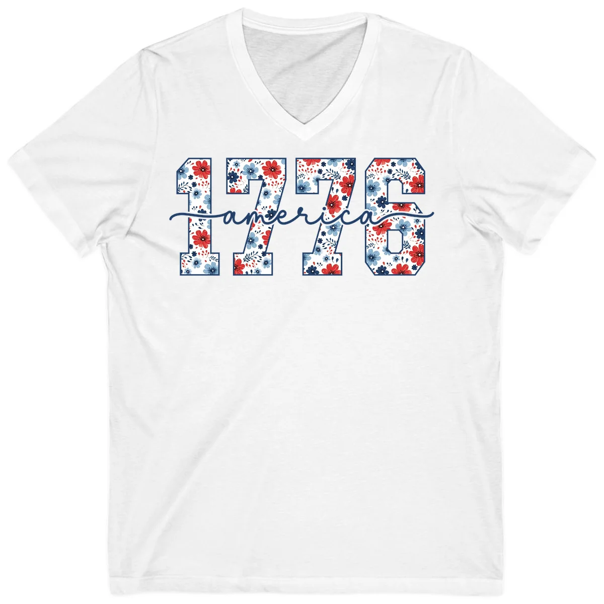 Floral 1776 America V-Neck in White