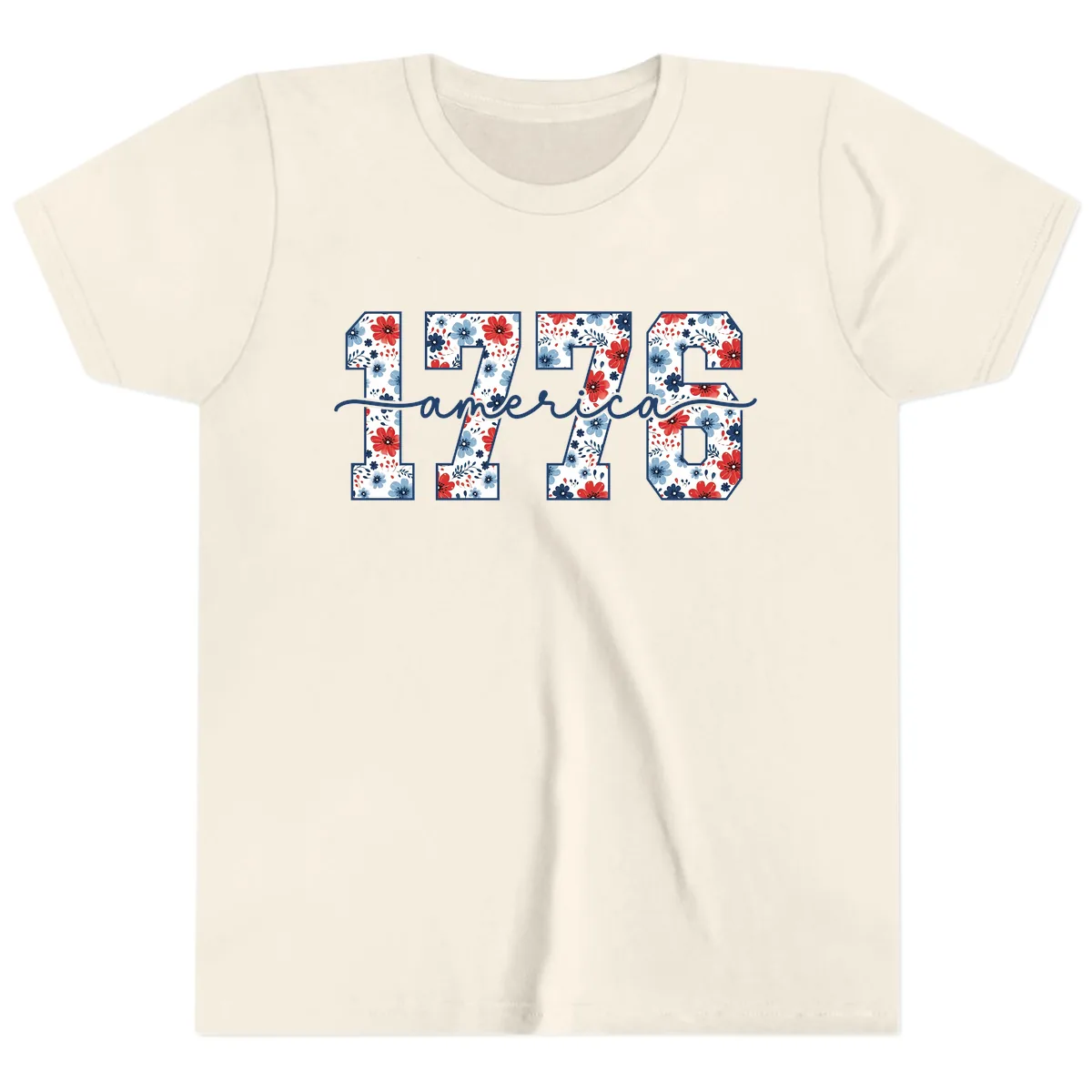 Floral 1776 America Independence Celebration Youth T-Shirt in Natural