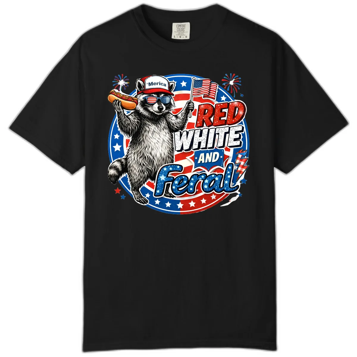 Patriotic Raccoon 'Merica Red White And Feral Design Comfort Color in Black