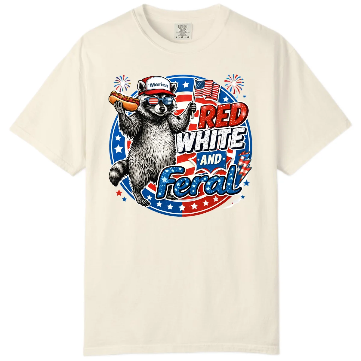 Patriotic Raccoon 'Merica Comfort Tee in Ivory