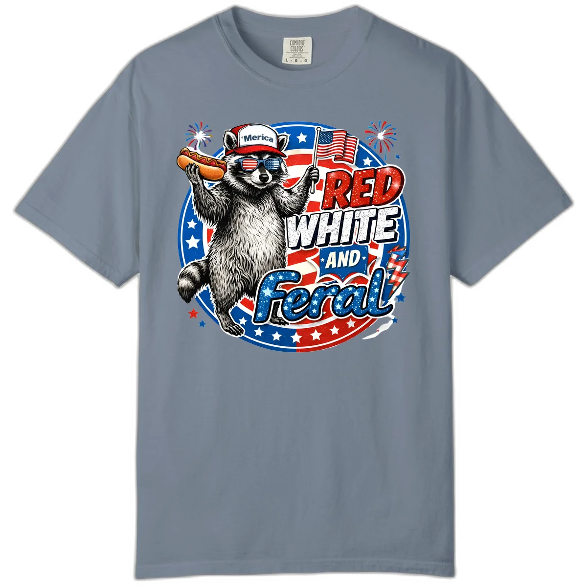 Patriotic Raccoon 'Merica Comfort Tee in Blue Jean