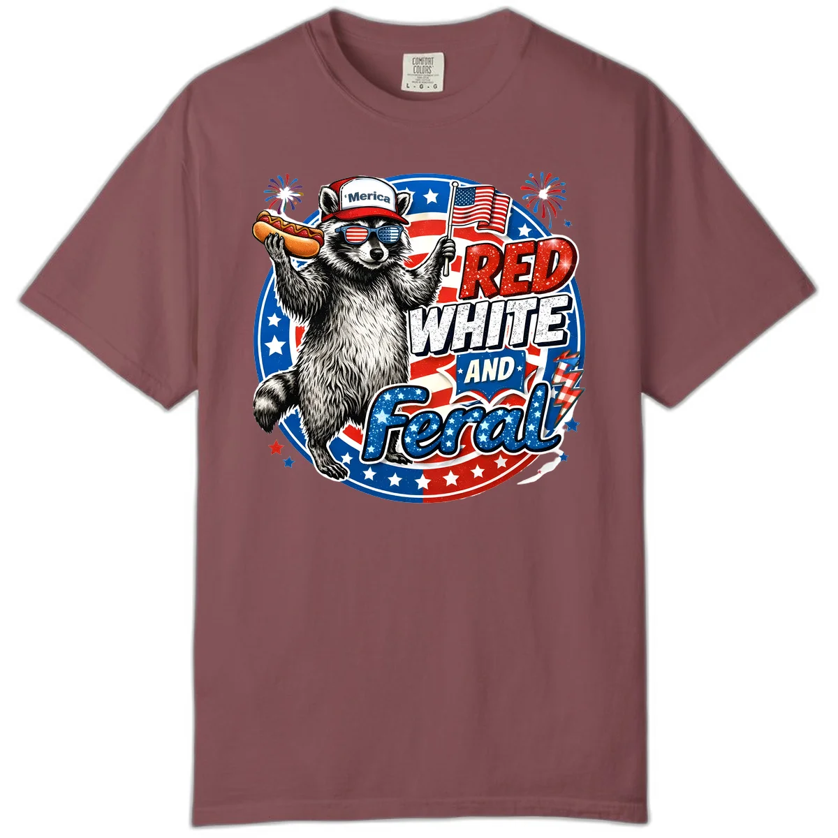 Patriotic Raccoon 'Merica Comfort Tee in Brick