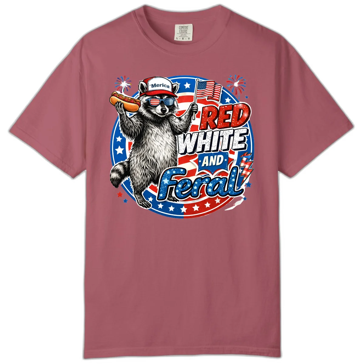 Patriotic Raccoon 'Merica Comfort Tee in Crimson