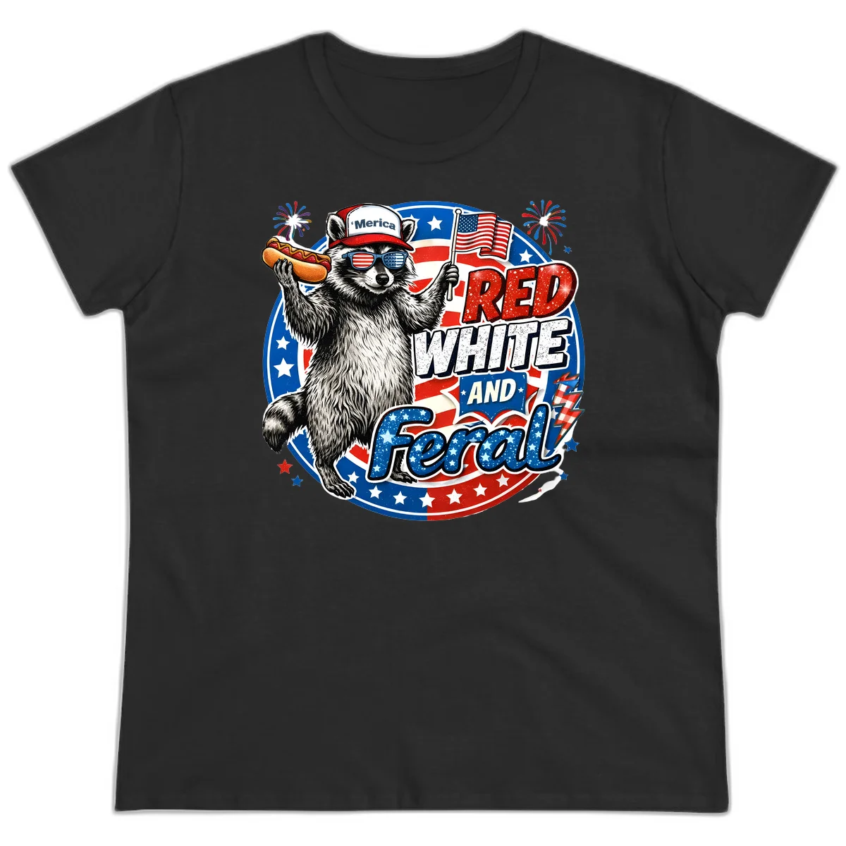Patriotic Raccoon 'Merica Ladies Tee in Black