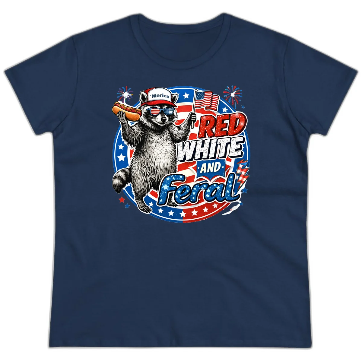 Patriotic Raccoon 'Merica Ladies Tee in Navy