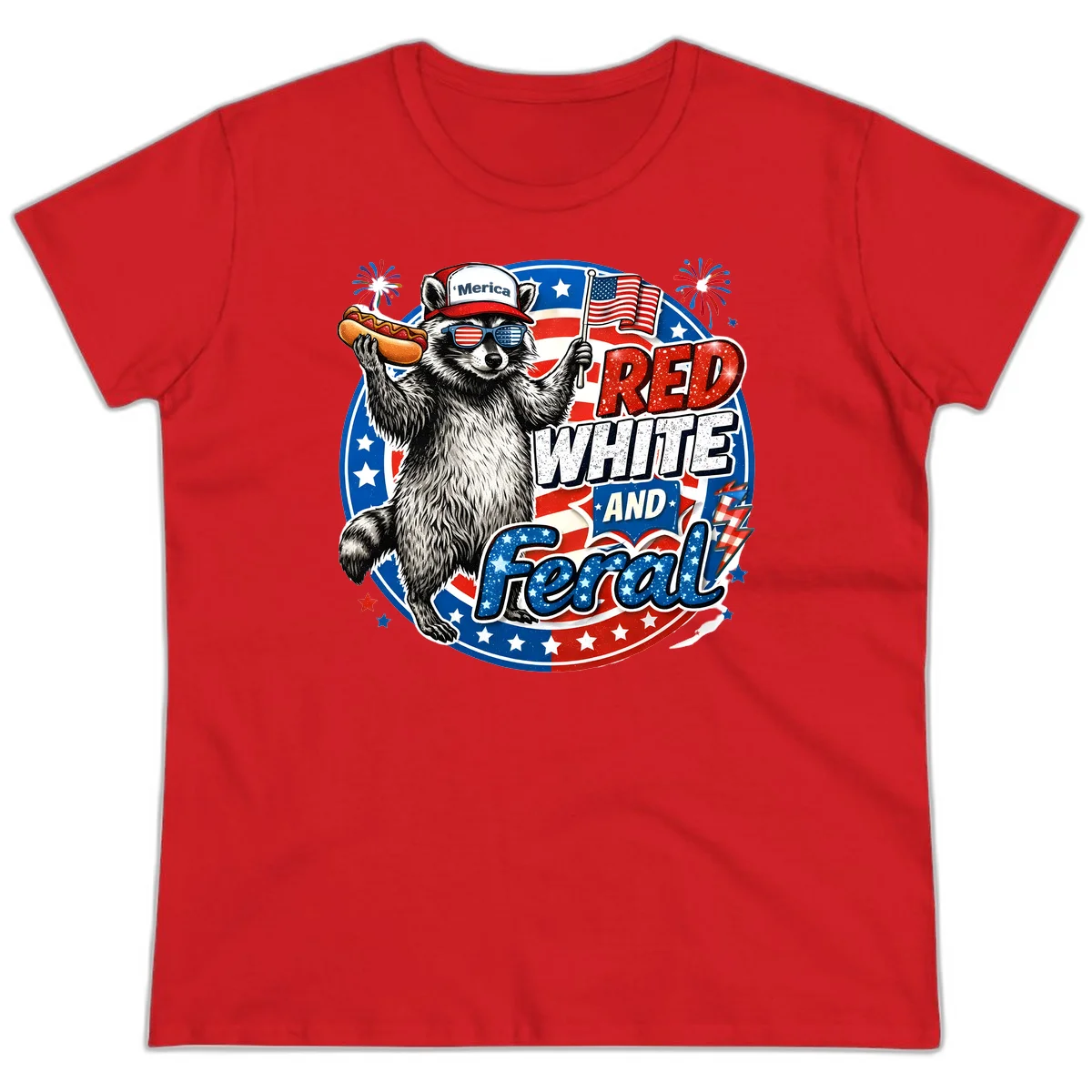 Patriotic Raccoon 'Merica Ladies Tee in Red