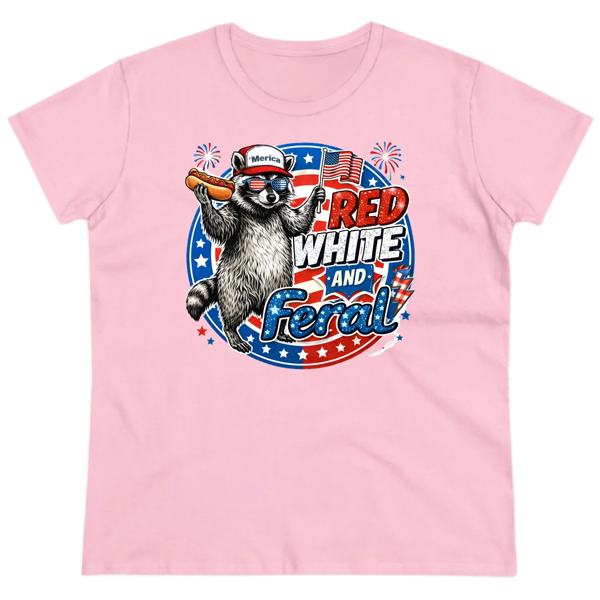 Patriotic Raccoon 'Merica Ladies Tee in Light Pink