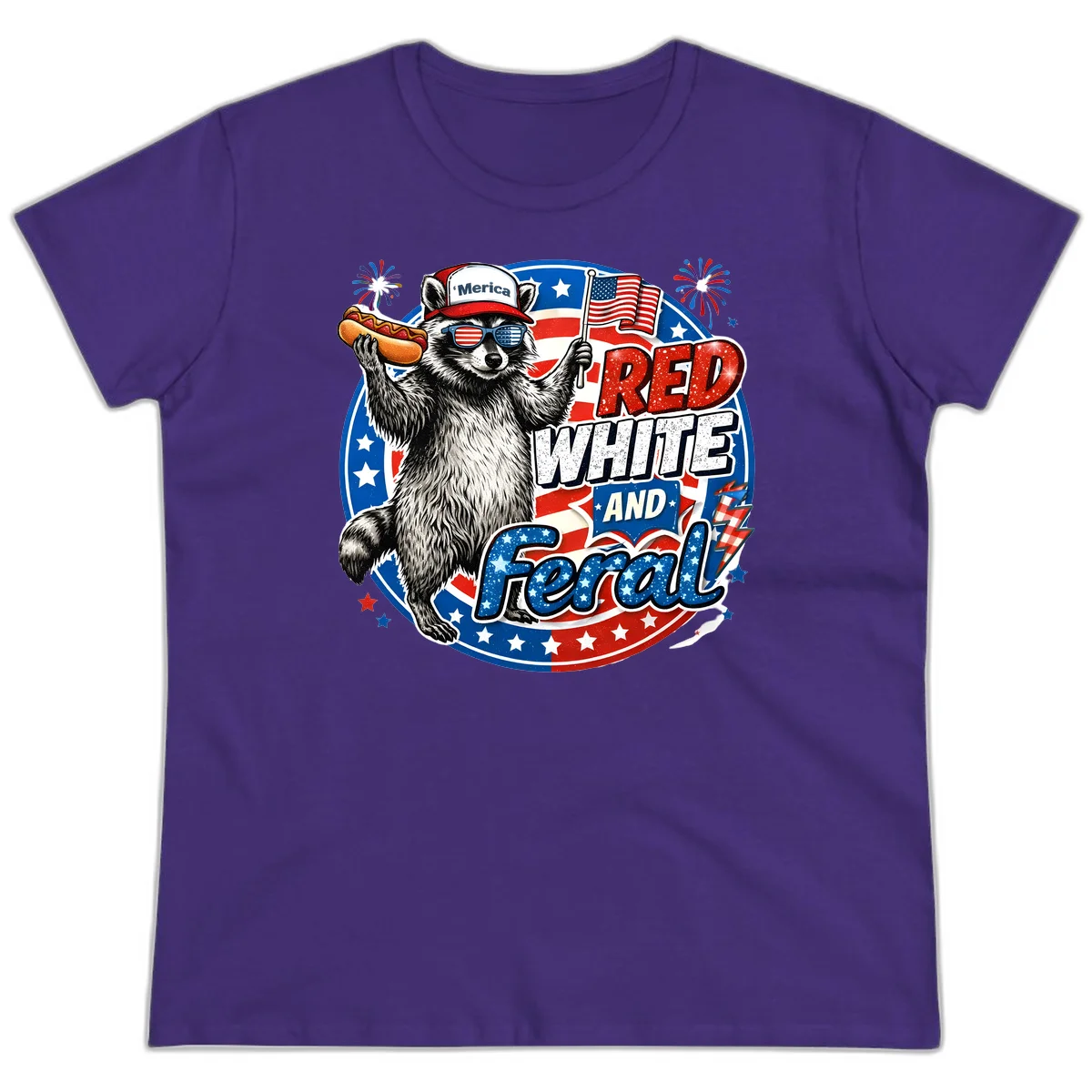Patriotic Raccoon 'Merica Ladies Tee in Purple