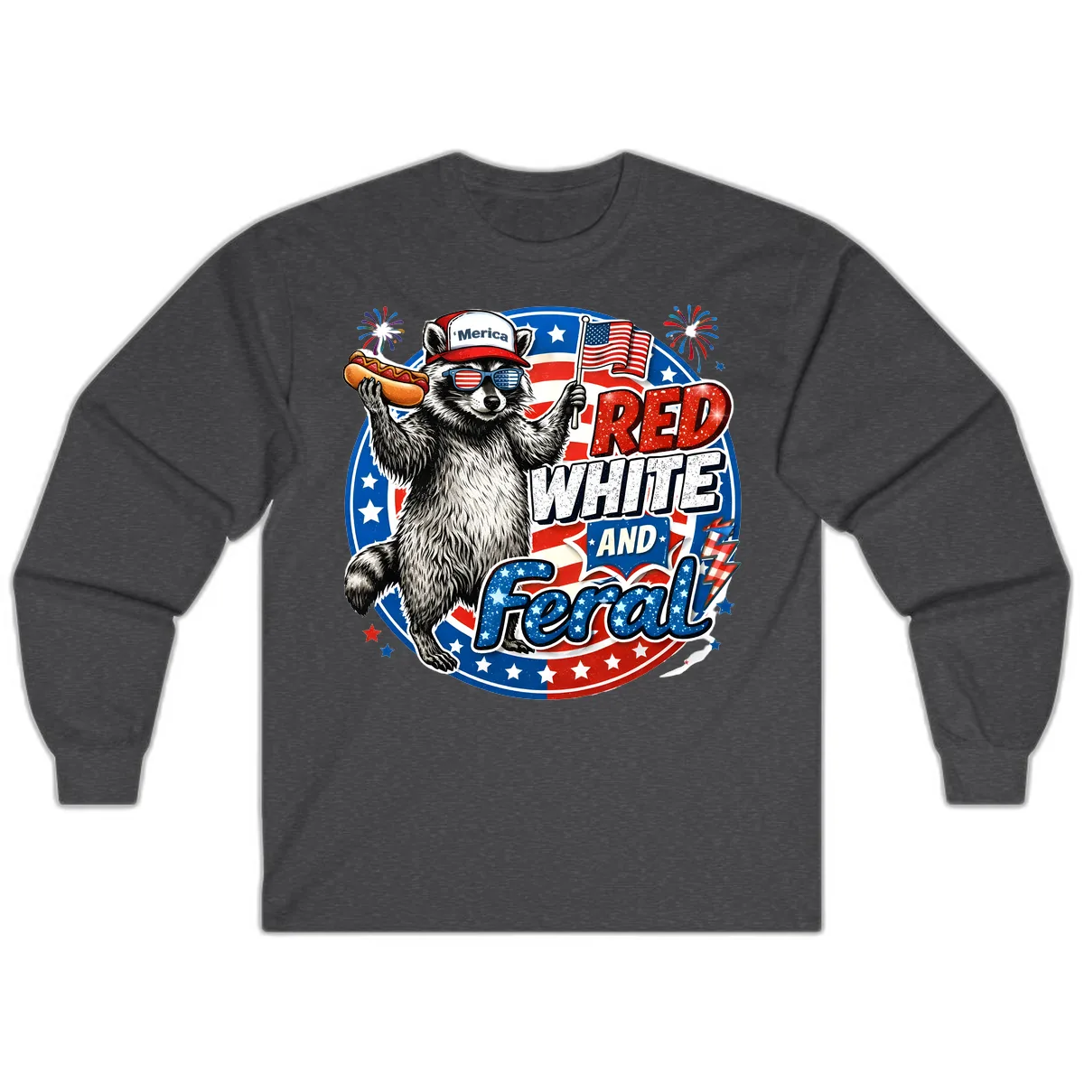 Patriotic Raccoon 'Merica Red White And Feral Design Long Sleeve in Dark Heather