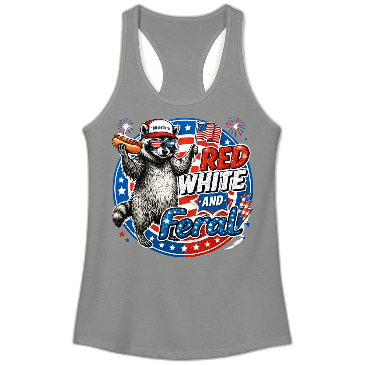 Patriotic Raccoon 'Merica Ladies Tank in Heather Grey