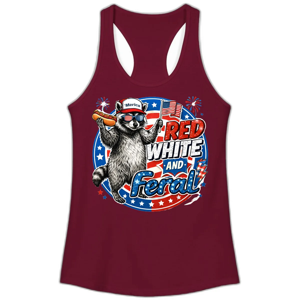 Patriotic Raccoon 'Merica Red White And Feral Design Ladies Tank in Solid Cardinal Red
