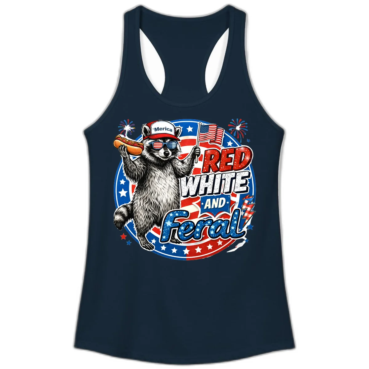 Patriotic Raccoon 'Merica Ladies Tank in Solid Midnight Navy